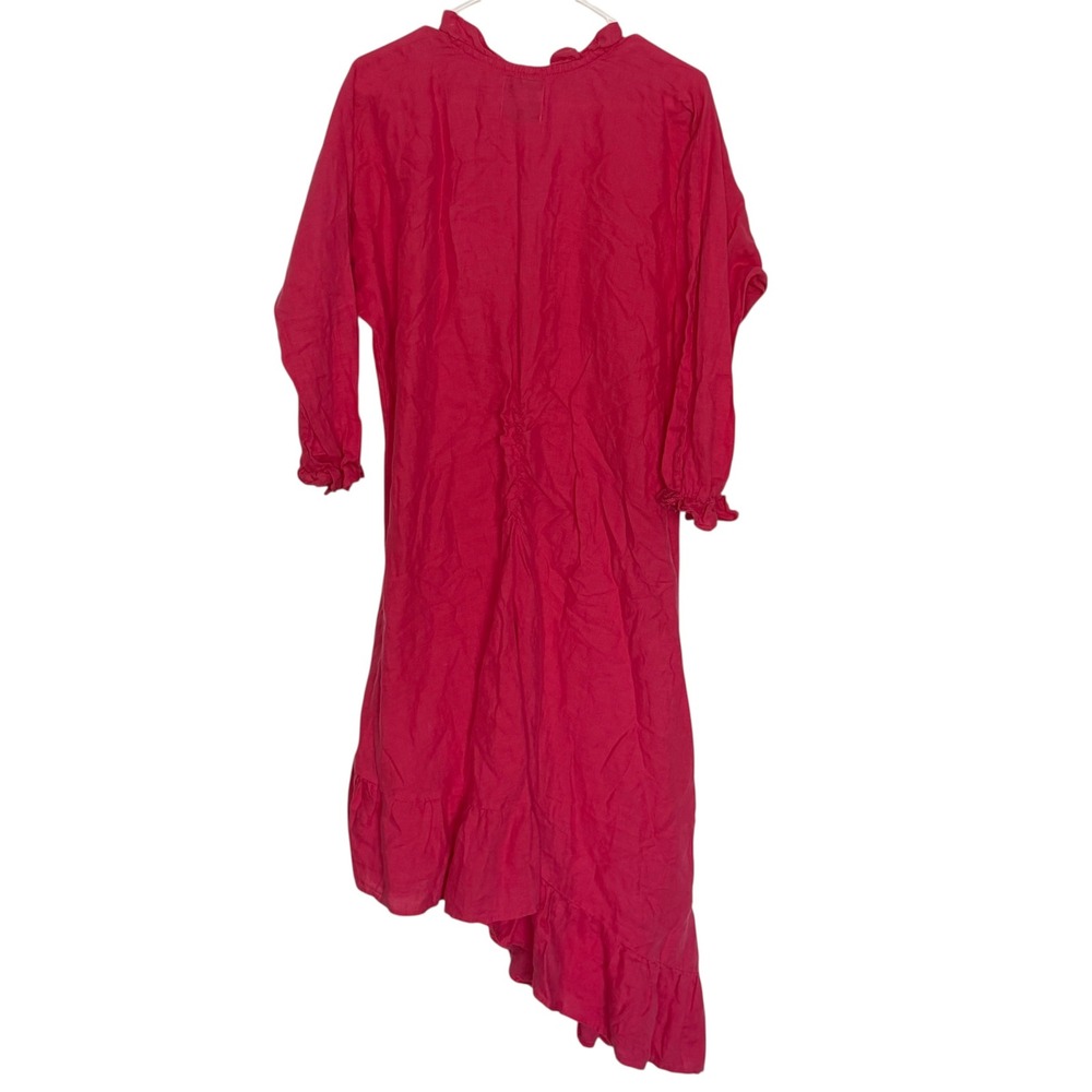 CJ LAING Pink Linen Ruffle V Neck Midi Dress Asymmetrical Hem Size L - Picture 3 of 9